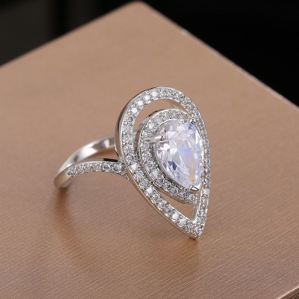 NEW 925 Silver Teardrop Pear Cut Double Halo Ring - Picture 3 of 9